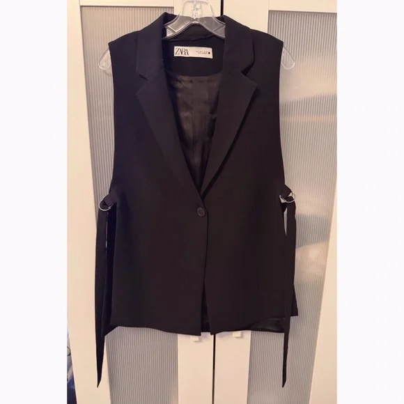 Zara Black Sleeveless Blazer Vest Open Sides Adjustable Size S - Picture 1 of 9
